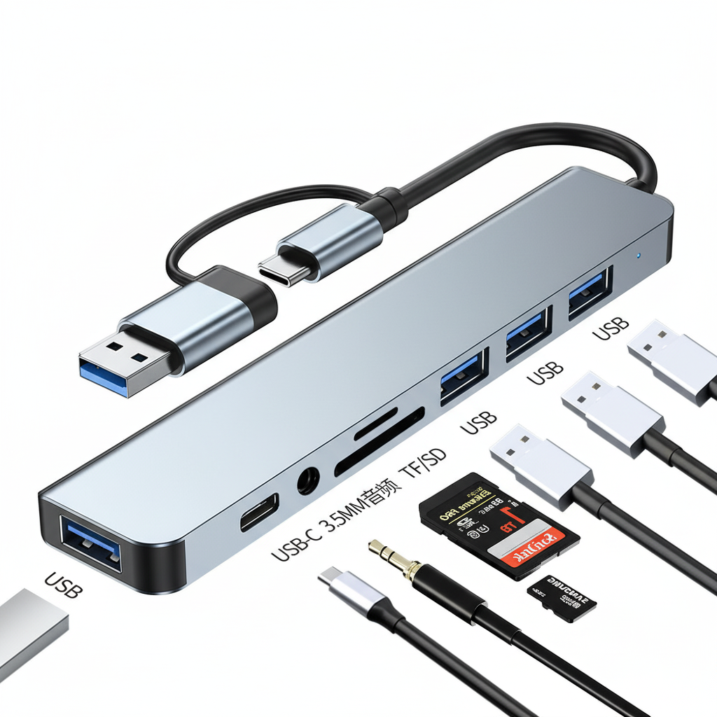 2IN1 7 Port Usb 3.0 Ultra Slim Portable Hub Aluminum Alloy