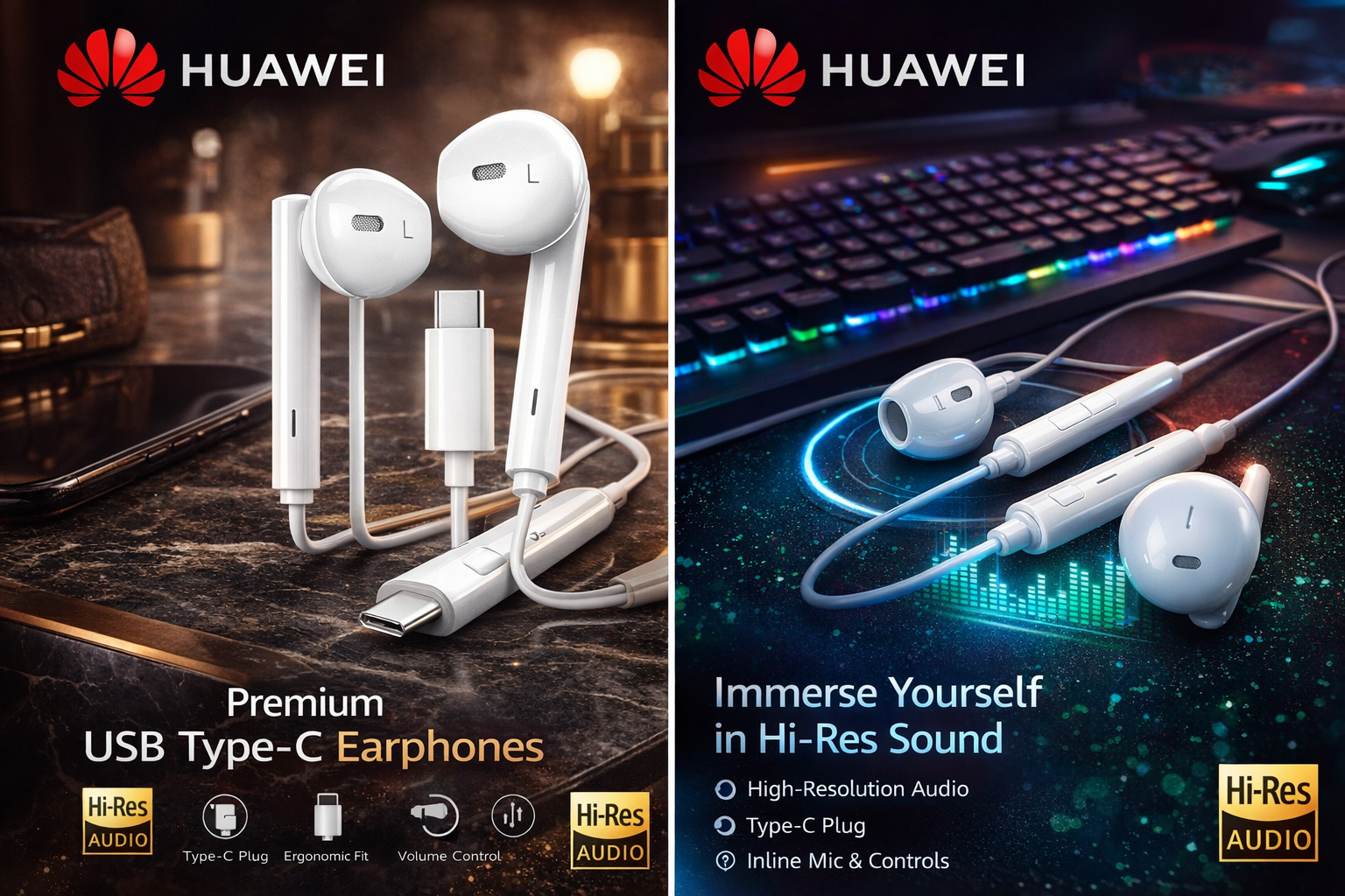 Huawei CM33 Hi-Res In-Ear Earphones with Remote Microphone & Wire Control (Type-C) make a premium photo for online selling plus creat a photo give a gaming touch - Image 2