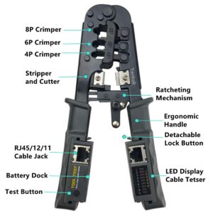 468ST Modular Plug Crimper (Crimps RJ45 8P8C, RJ12, RJ11, RJ10, RJ9 Connectors with Cable Stripper, Cutter & Built-in Cable Tester)
