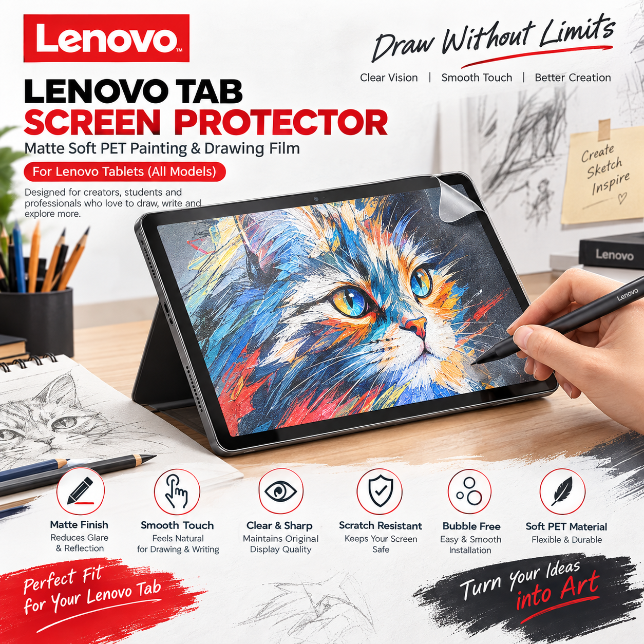 Lenovo Tab K, E, 2, 3, 4 and Older Tablets Paper-Like Screen Protector (2 PCS) – Matte Anti-Glare