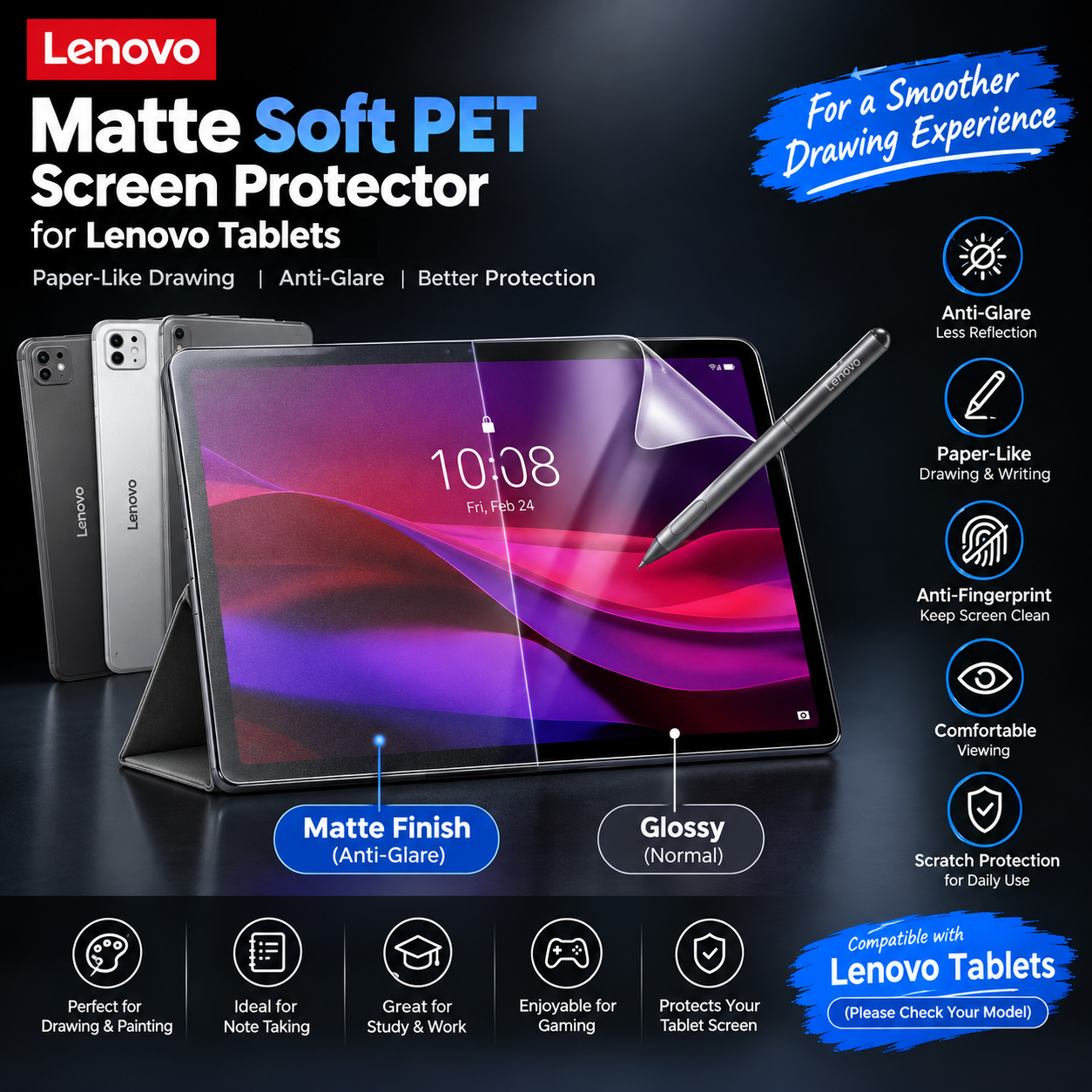 Lenovo Tab K, E, 2, 3, 4 and Older Tablets Paper-Like Screen Protector (2 PCS) – Matte Anti-Glare