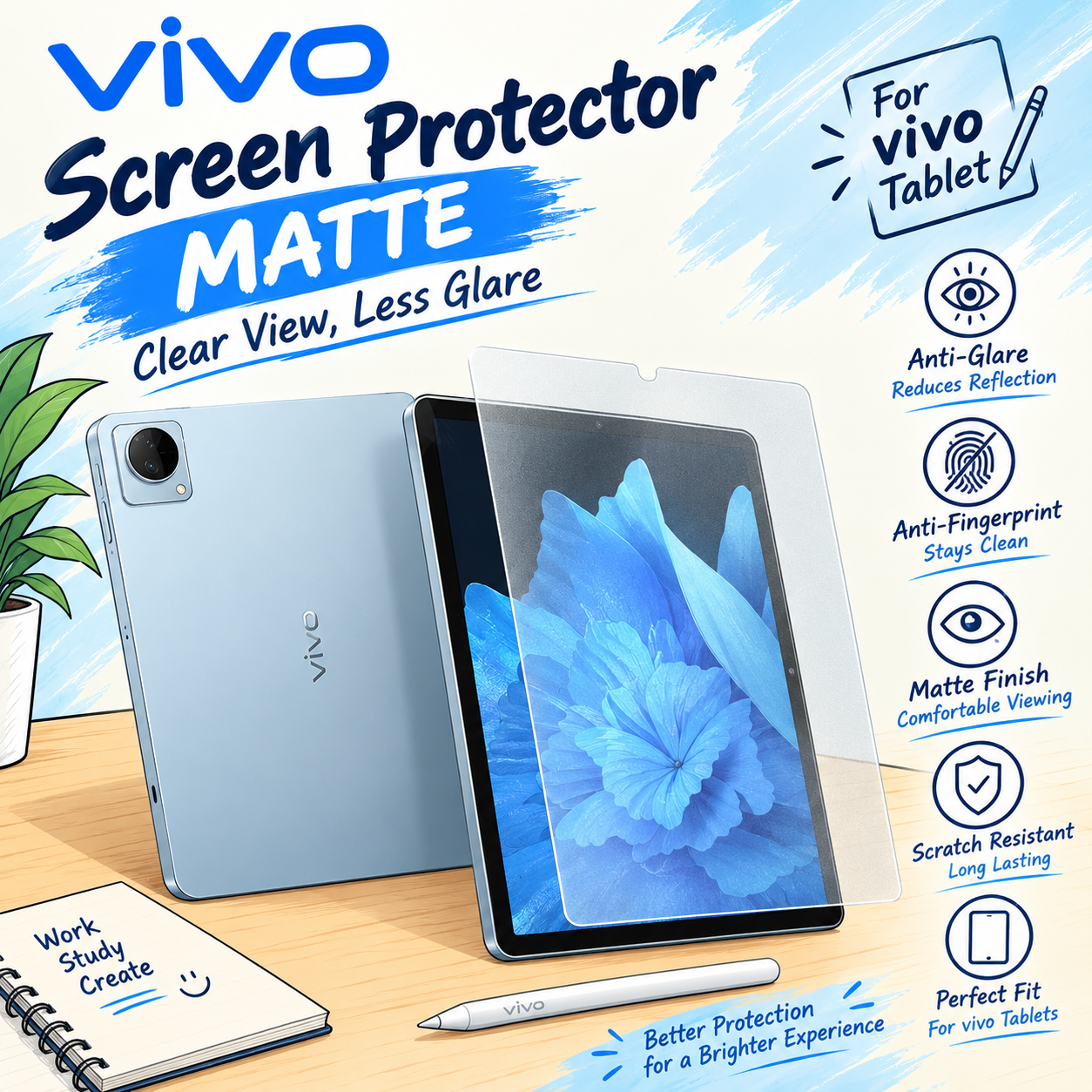Vivo Pad and iQOO Pad Paper-Like Screen Protector (2 PCS) – Matte Anti-Glare