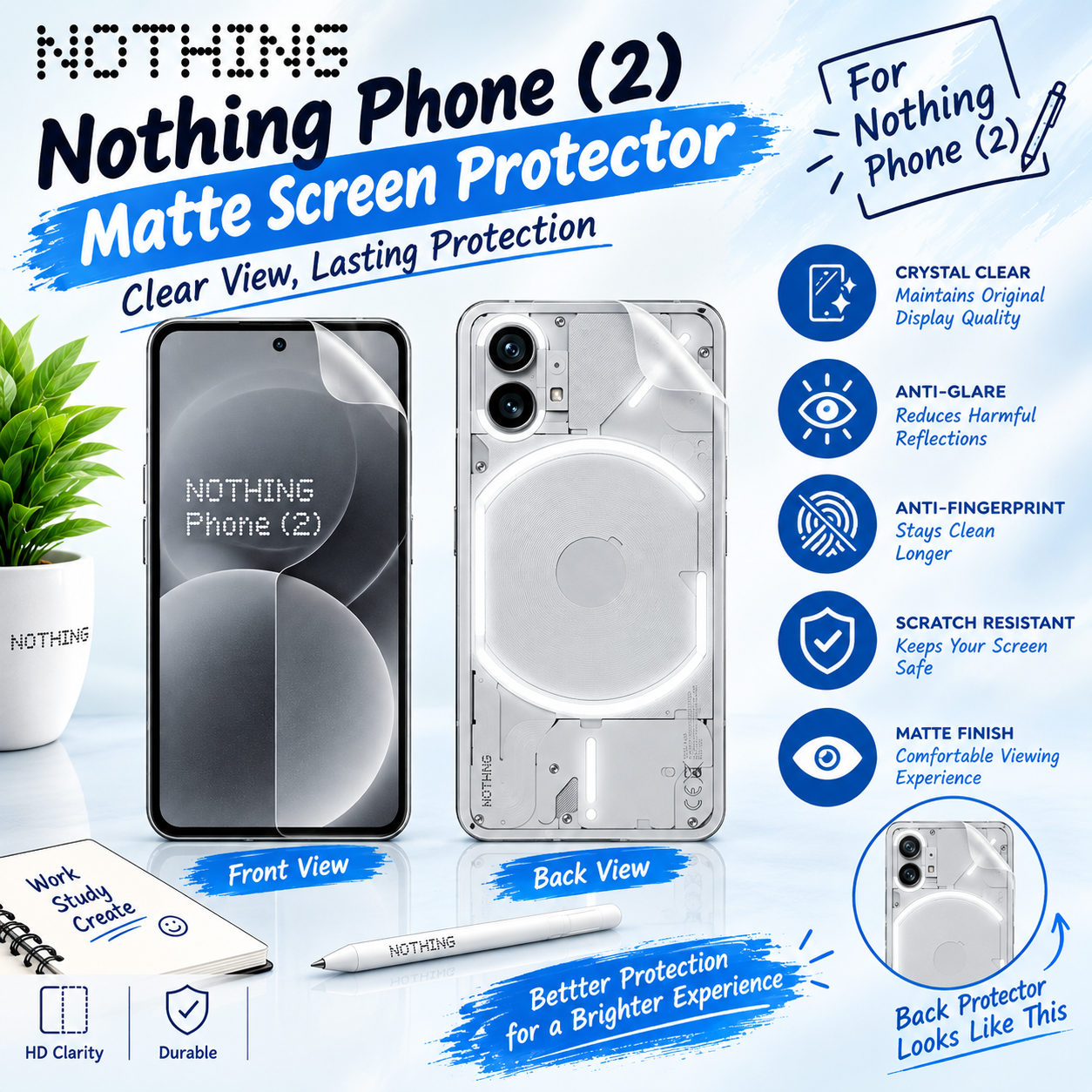 Nothing Phone 2 Hydrogel Screen Protector + Back Film (Matte / Clear)