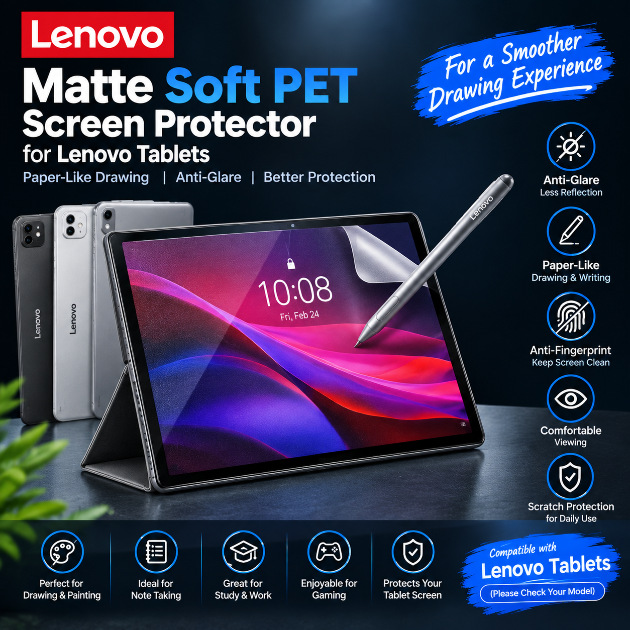 Lenovo Tab K, E, 2, 3, 4 and Older Tablets Paper-Like Screen Protector (2 PCS) – Matte Anti-Glare