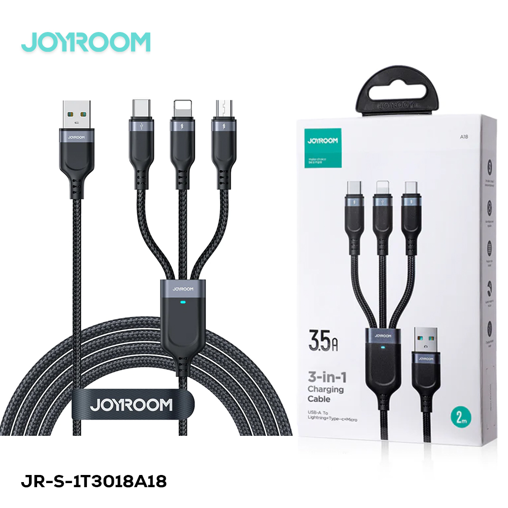 JOYROOM S-A18 Multi-Use Series 3.5AUSB-AtoLightning+Type-C+Micro3-in-1DataCable1.2m-BlacK