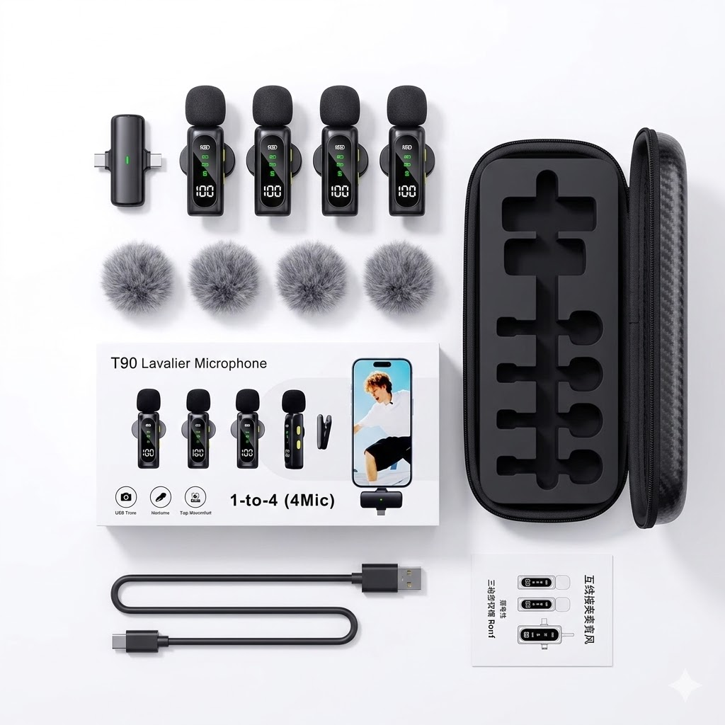 Latest T90 2-in-1 Connectivity 4 Wireless Mic Lavalier Microphone Digital Display Noise Cancelling
