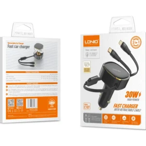 LDNIO C107 Fast Car Charger 30W Built-in Retractable Wired C + IP