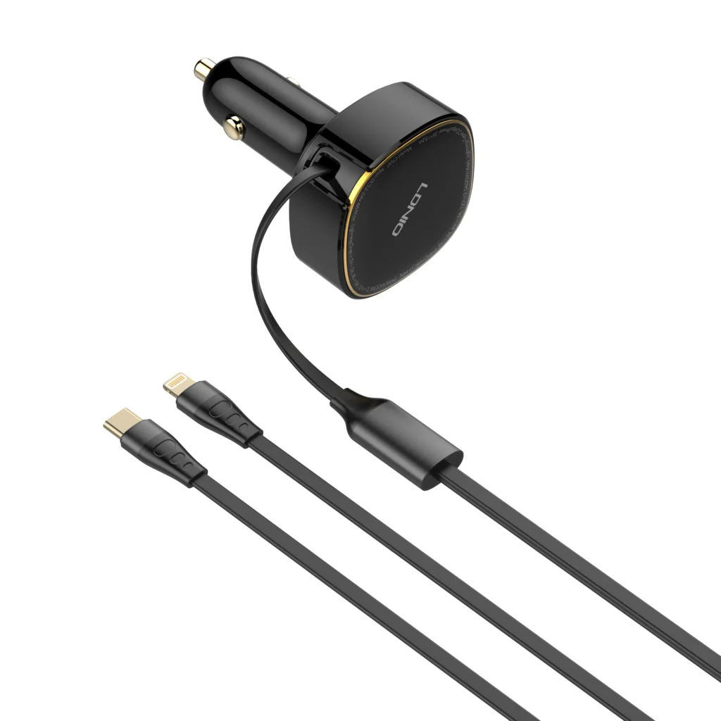 LDNIO C107 Fast Car Charger 30W Built-in Retractable Wired C + IP