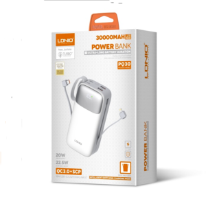 LDNIO PQ30 30000mAh 22.5W USB-C Fast Charging Power Banks smart LED Display Built-in Charging Cable Power Bank