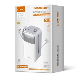LDNIO PQ50 50000mAh 22.5W USB-C Fast Charging Power Banks smart LED Display Built-in Charging Cable Power Bank