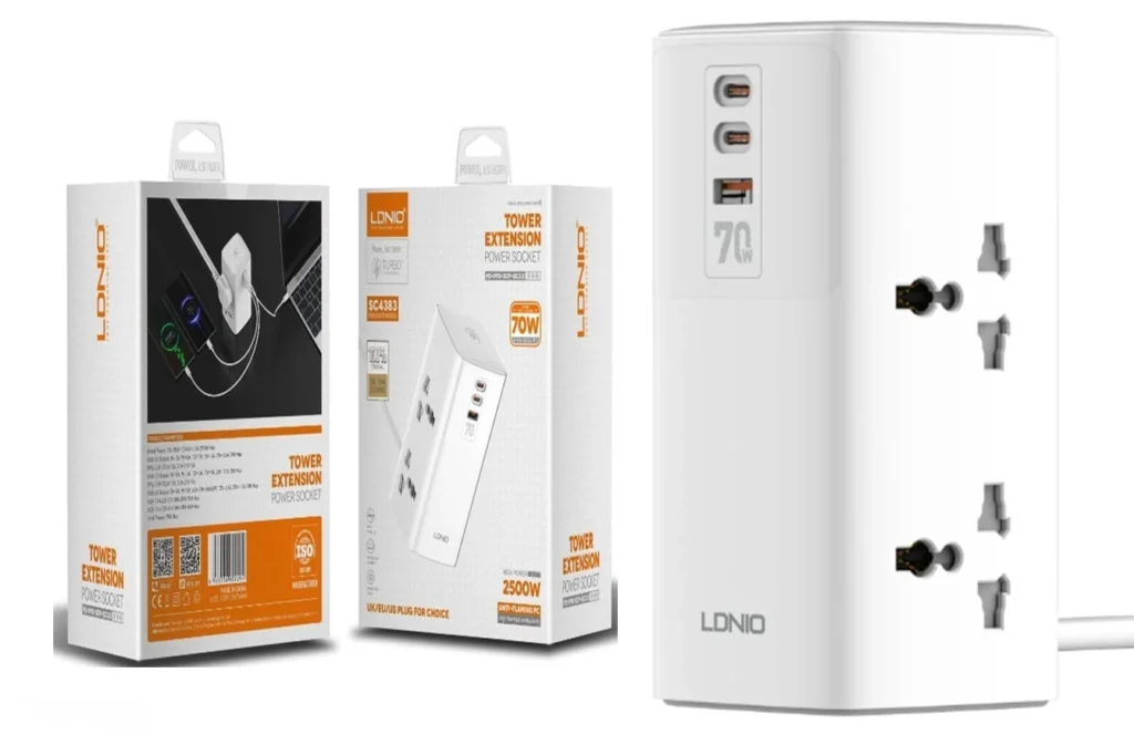 LDNIO SC4383 EU 70W SUPPER FAST CHARGING 2C + USB-A & 2500W TOWER EXTENSION POWER SOCKET
