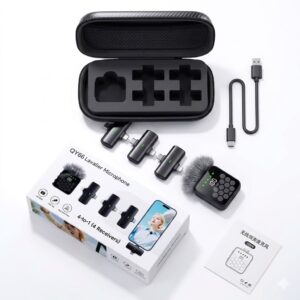 QY66 Wireless Lavalier Microphone with 4 Receivers Noise-Canceling Technology Type C & Lightning Connector