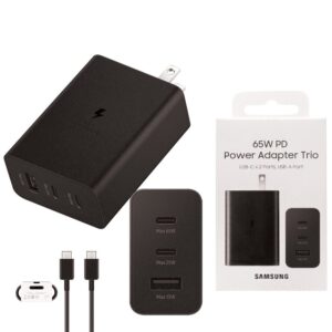 Samsung 65W USB-C Power Delivery Adapter (US Plug) with Trio Ports (2 x USB-C, 1 x USB-A) With C-C CABLE