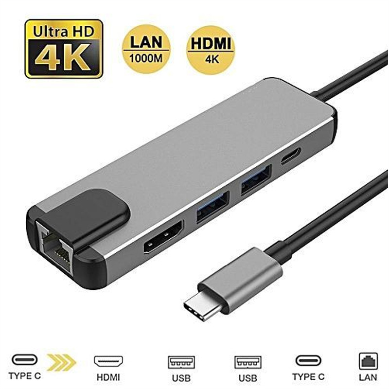 Type C to 5 In 1 HUB Type-c To HDMI, LAN, USB*2, and Type-C PD
