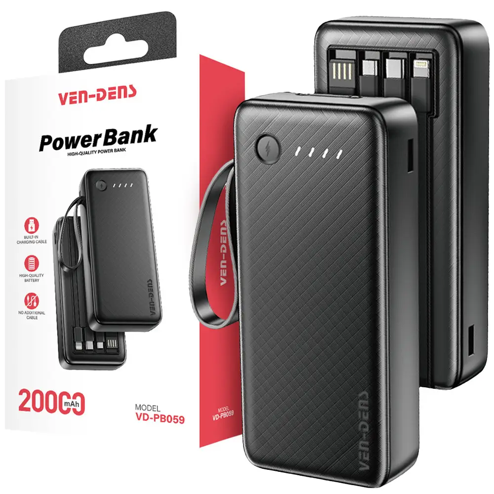 Ven Dens VD-PB059 Black 20000mAh 2.4A Power Bank with LED light with with Built-In Cables